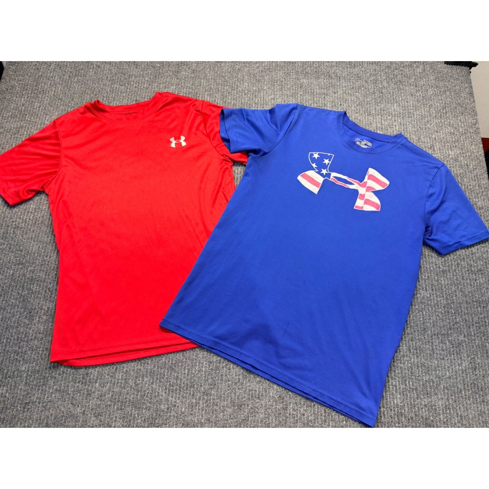 Under Armour Boys HeatGear T-Shirt Lot 2 Red Blue USA Flag Logo Youth XL 18-20